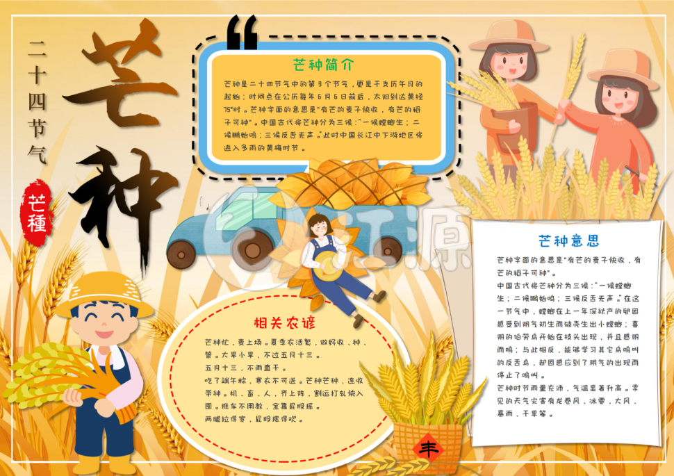 黄色卡通丰收喜悦芒种节气手抄报