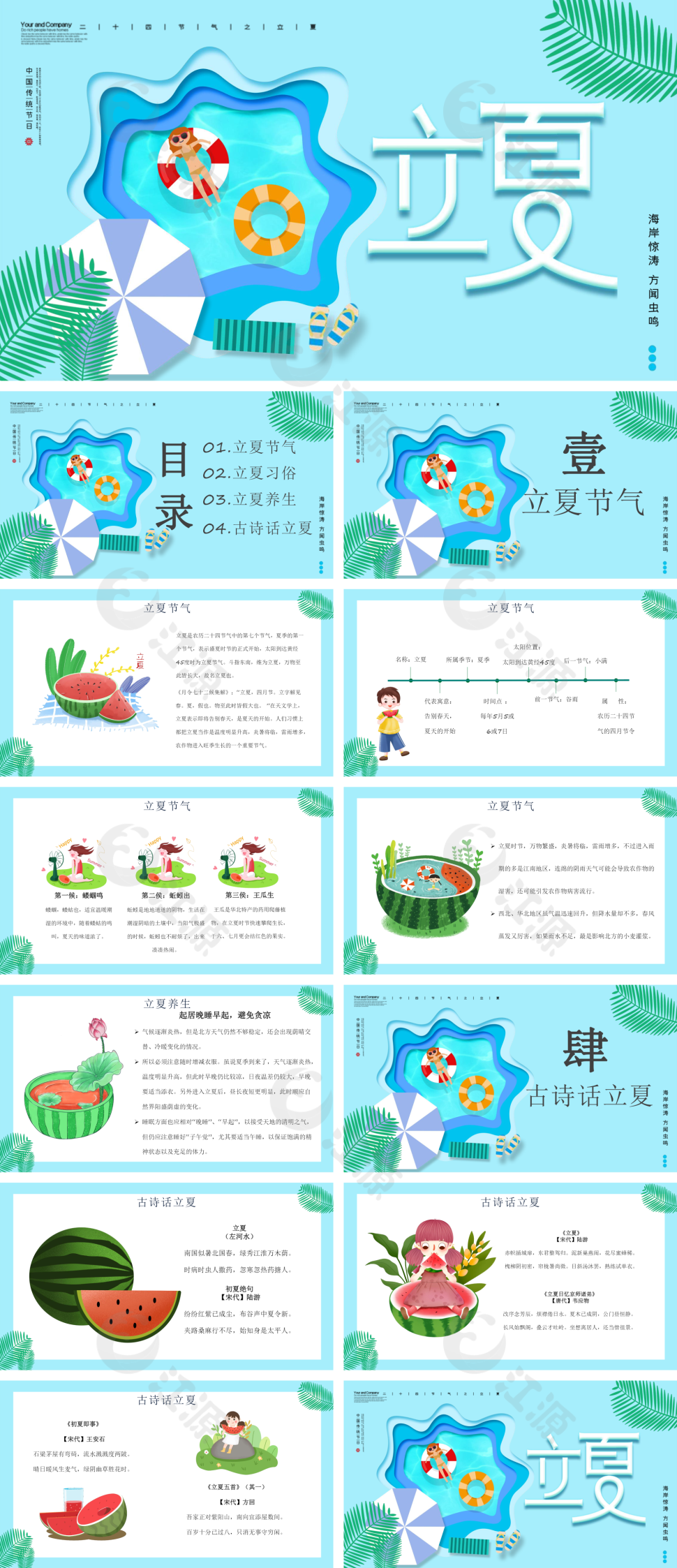 蓝色扁平泳池立夏节气介绍PPT模板
