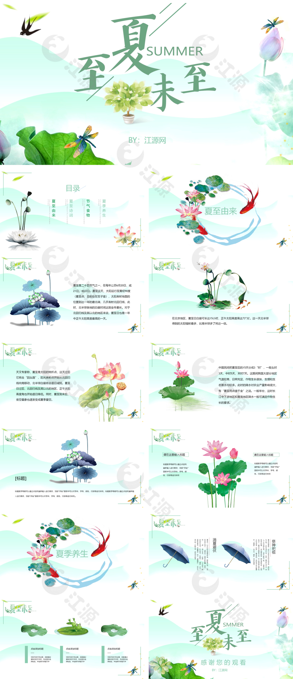 夏至荷花小清新PPT模板