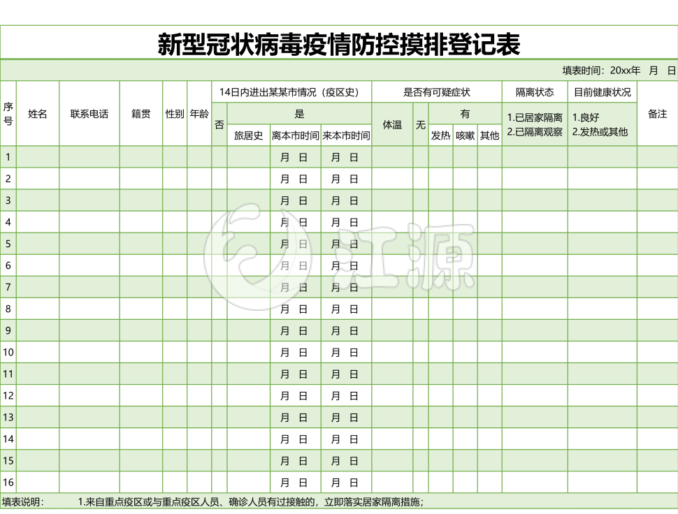 绿色新型冠状病毒疫情防控摸排登记表