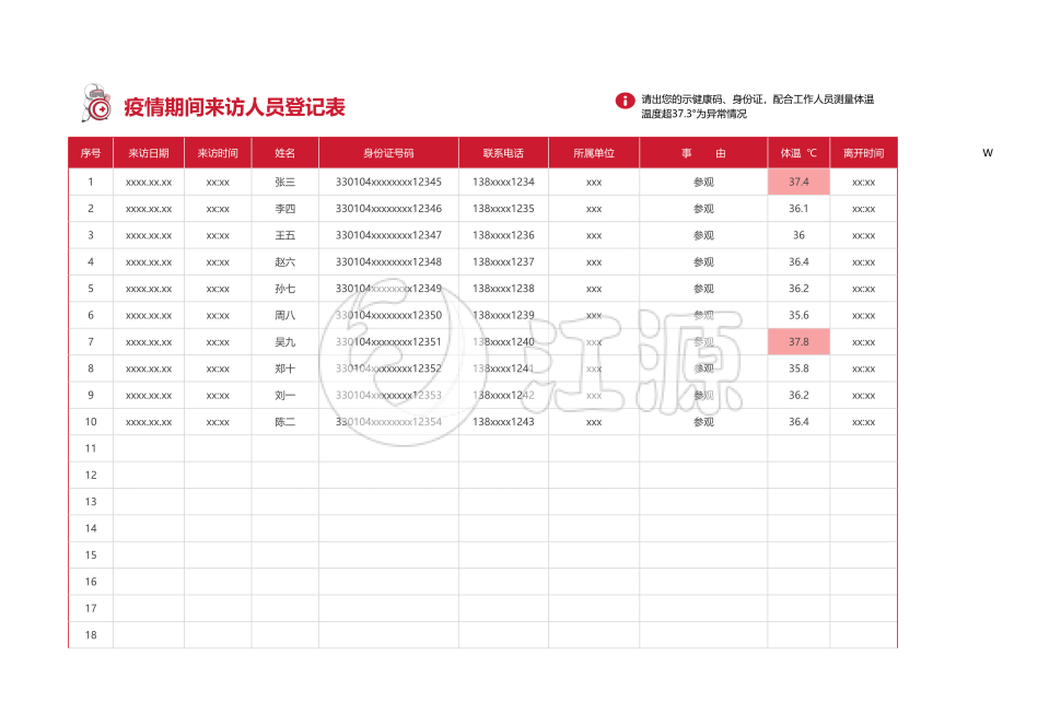 疫情期间来访人员登记表