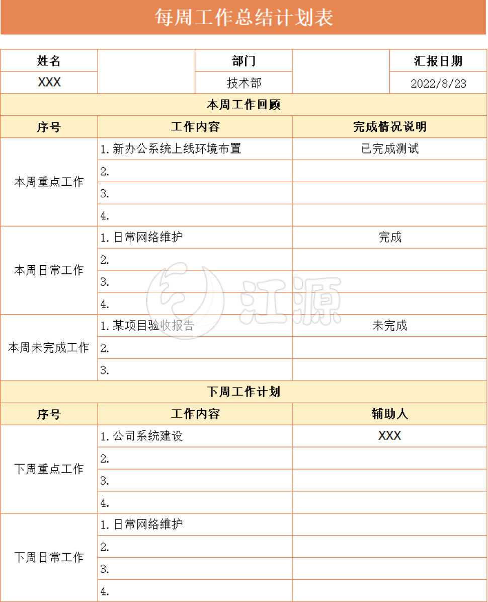 每周工作总结计划表