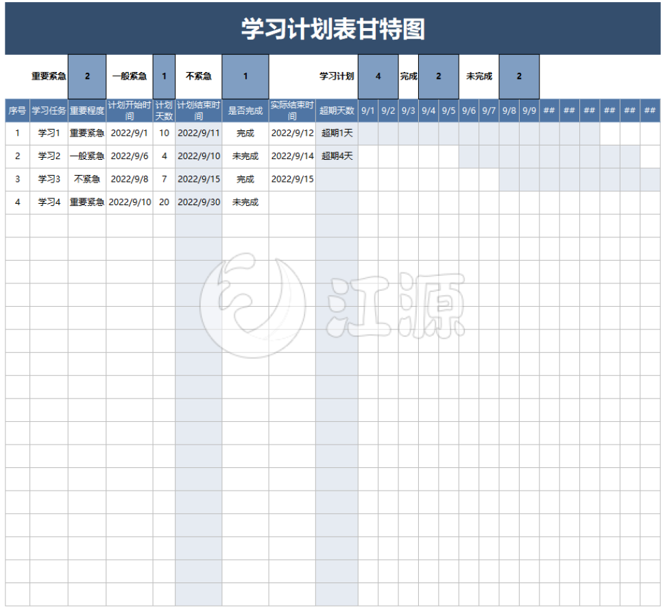 蓝色学习计划表甘特图