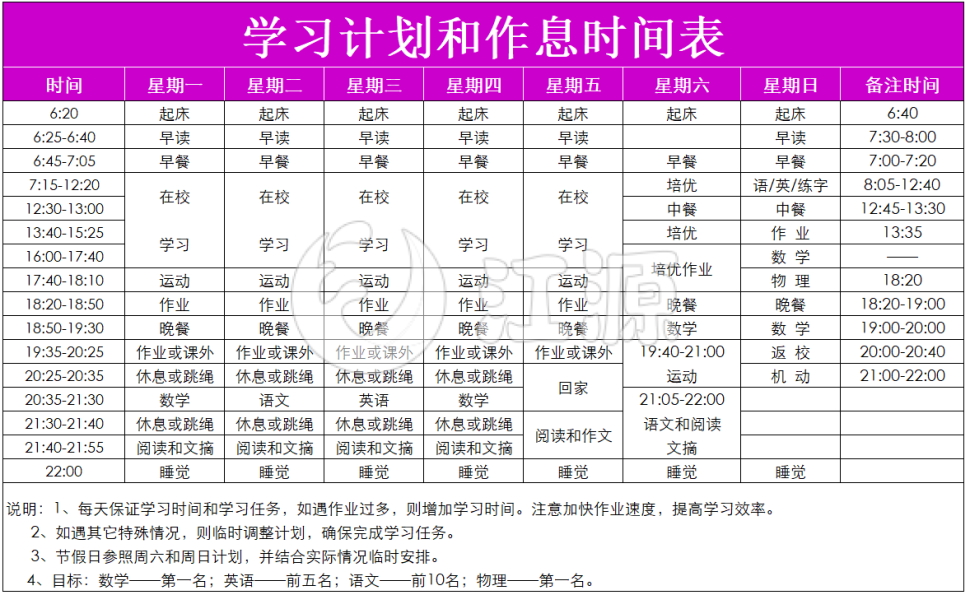 学习计划和作息时间表
