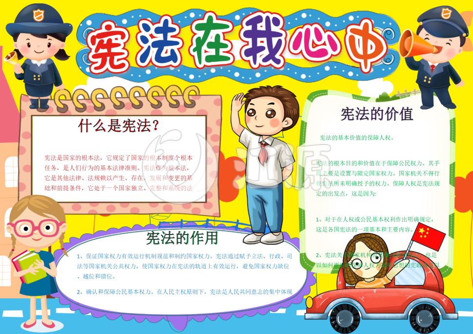 黄色可爱卡通宪法小报