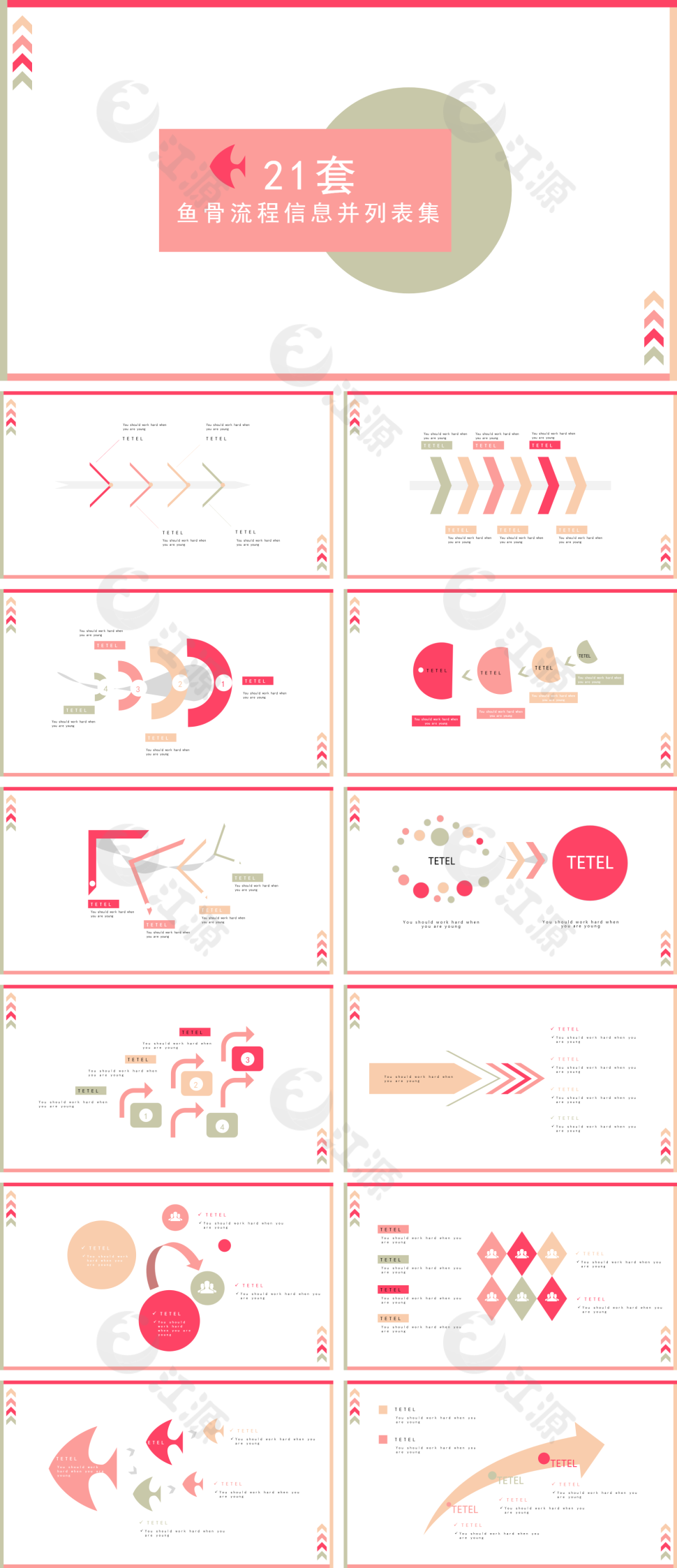 红绿简约风鱼骨流程信息并列表集PPT图表