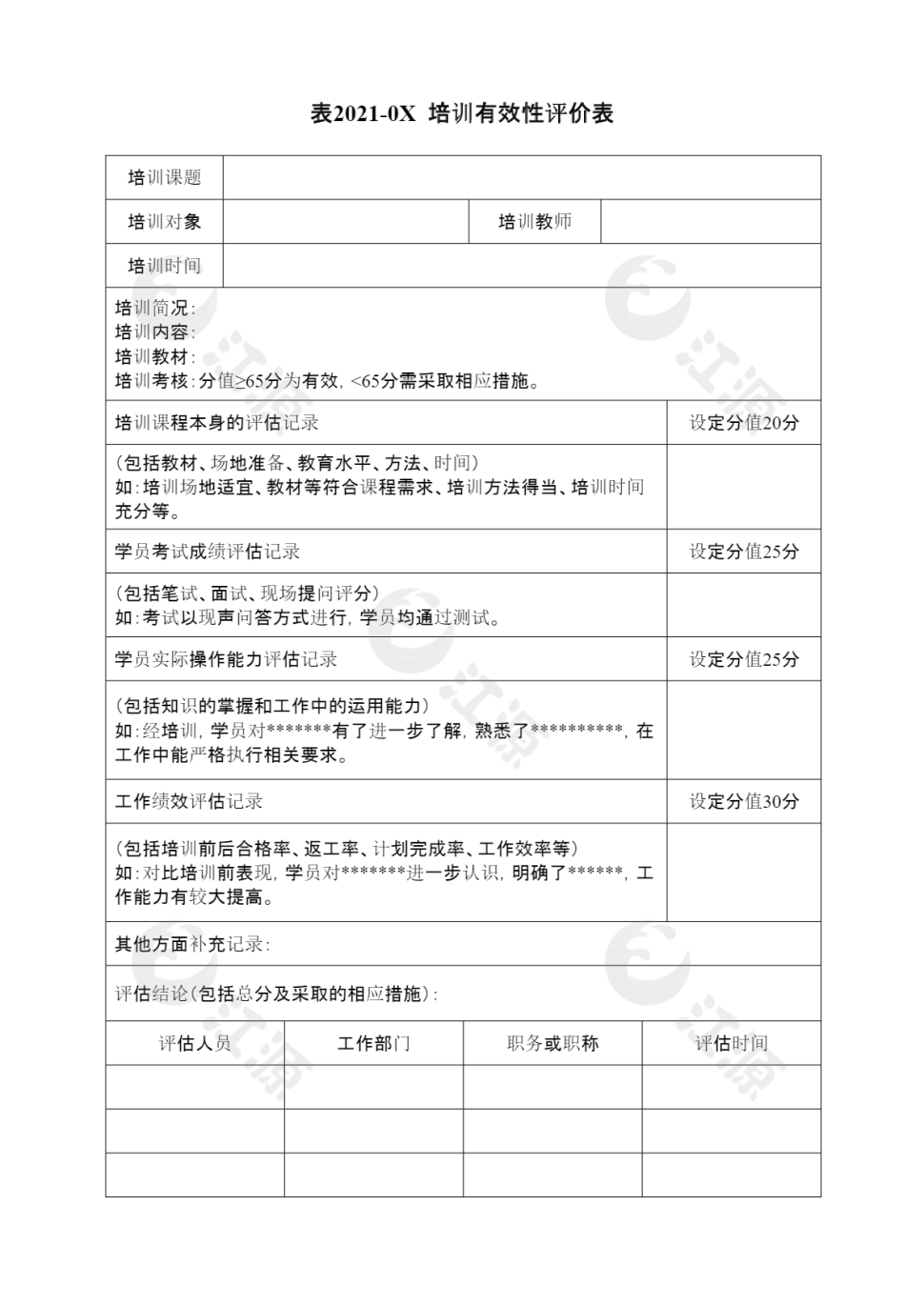 培训有效性评价表