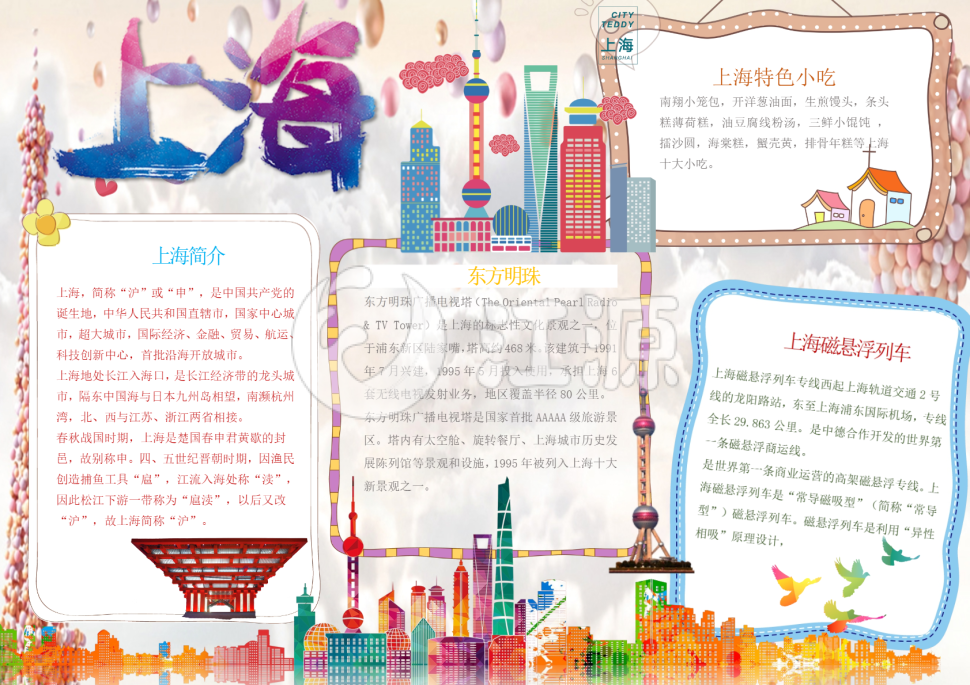 美丽可爱卡通上海小报手抄报Word模板