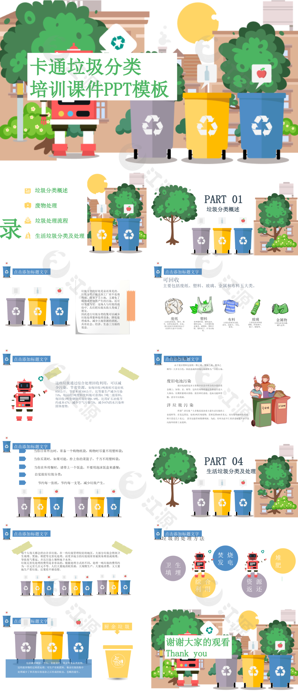 黄绿双色卡通垃圾分类培训课件PPT模板