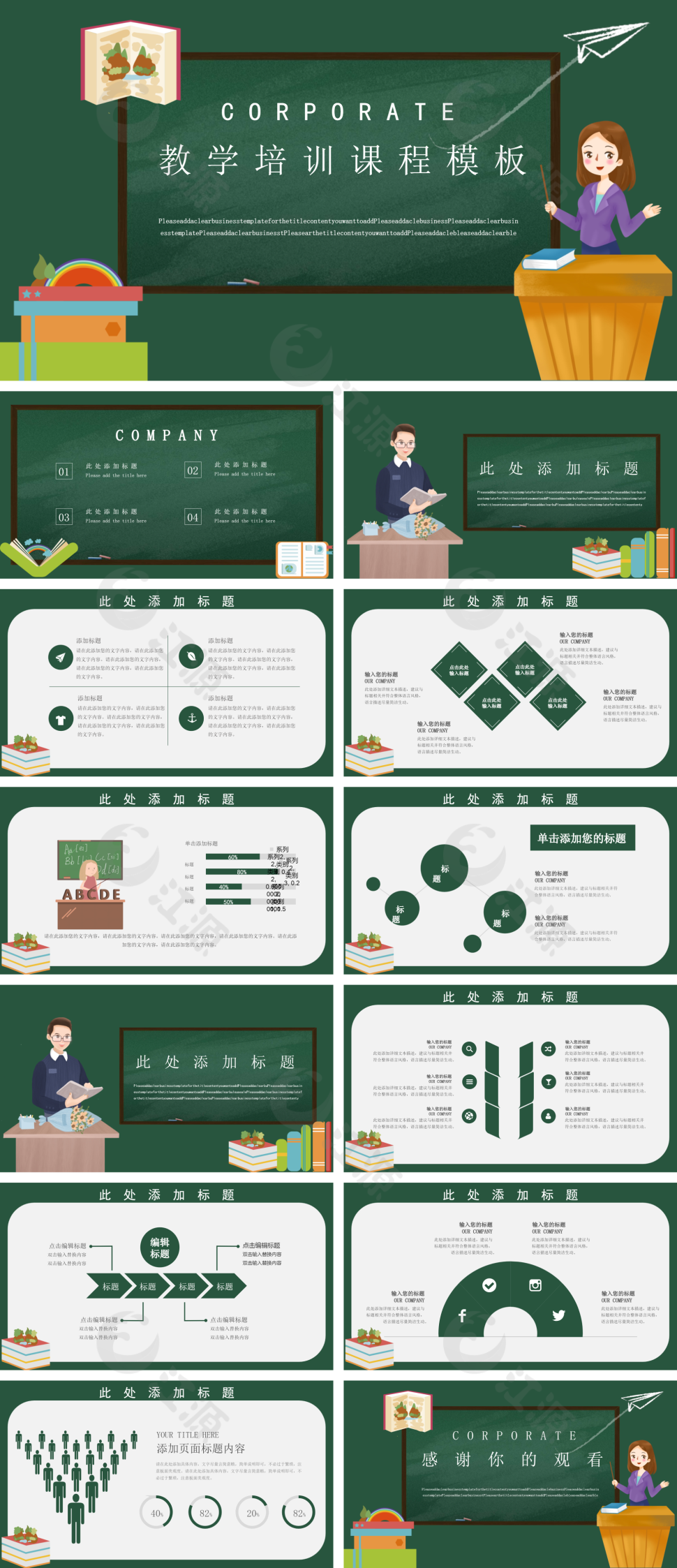 绿色卡通可爱教学培训课程模板