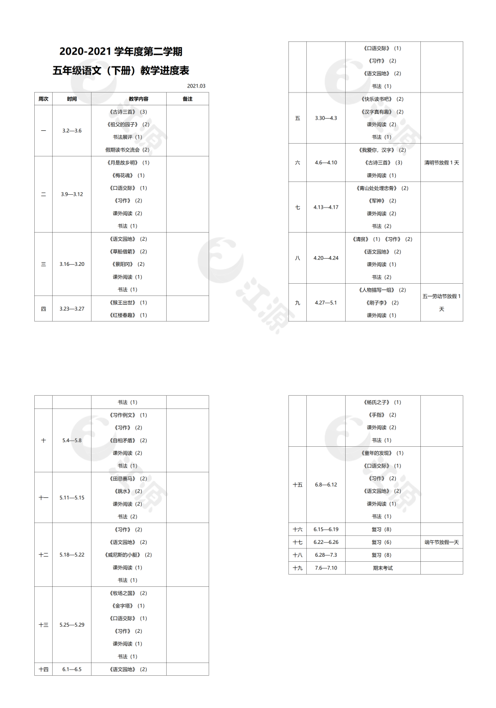 五年级语文（下册）教学进度表