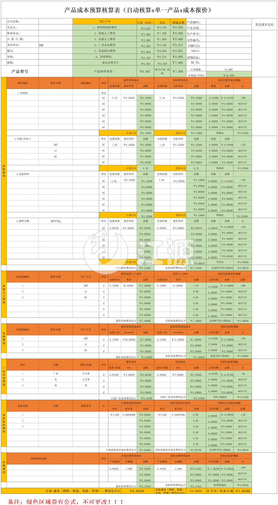产品成本预算核算表