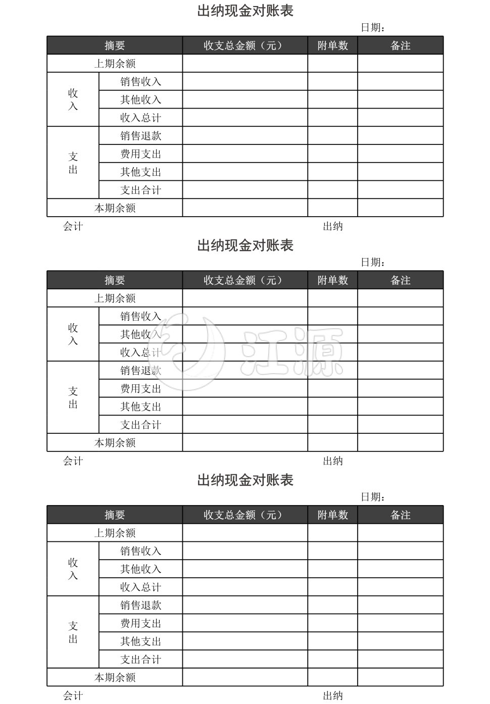 出纳现金对账表