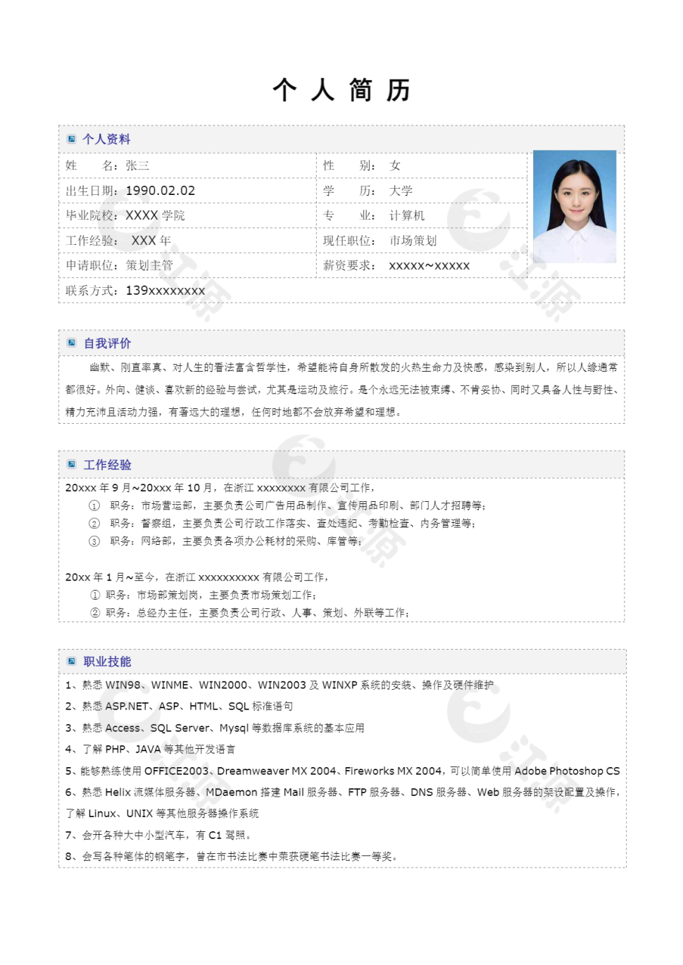 策划主管行业简历表格模板