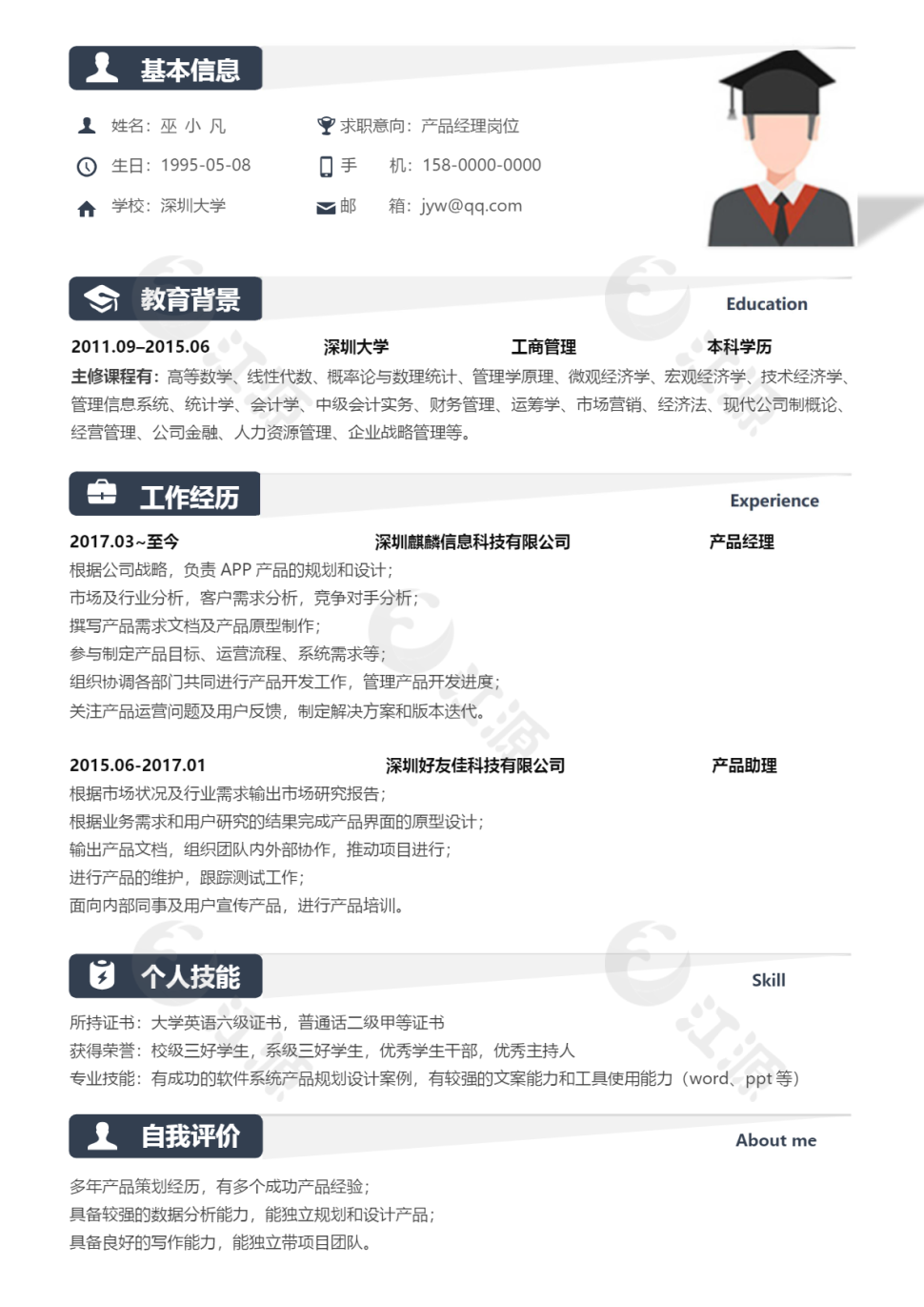 产品经理岗位蓝色商务风格word个人简历模板