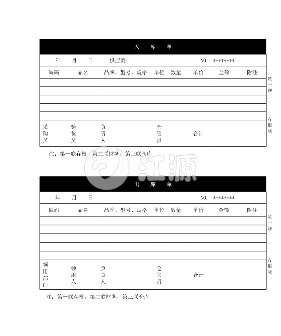 商品出库单及入库单样本模板