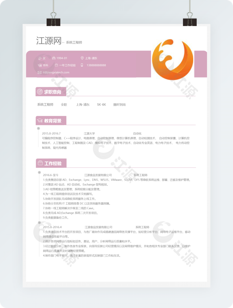 系统工程师个人简历模板
