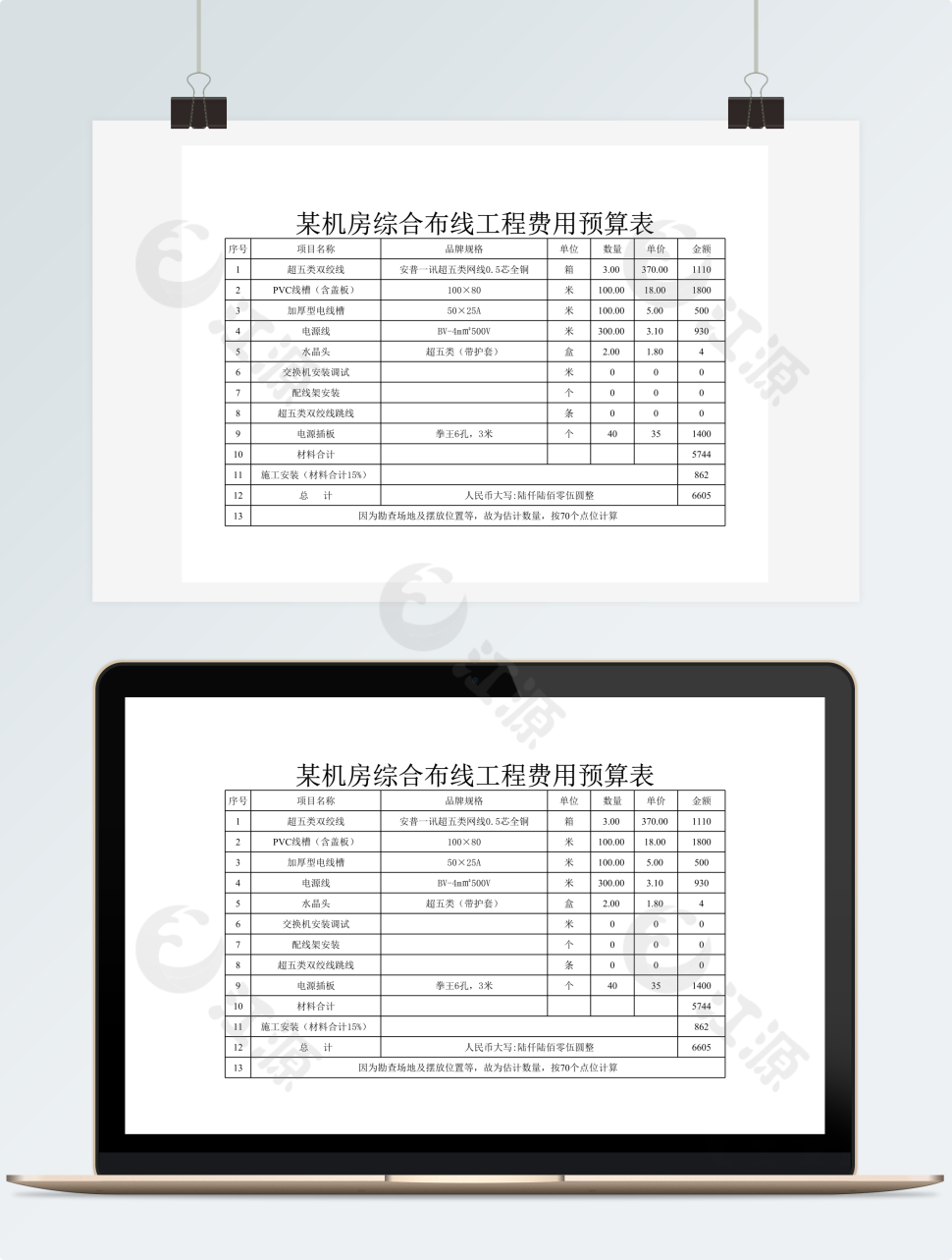 布线工程费用预算表excel模板