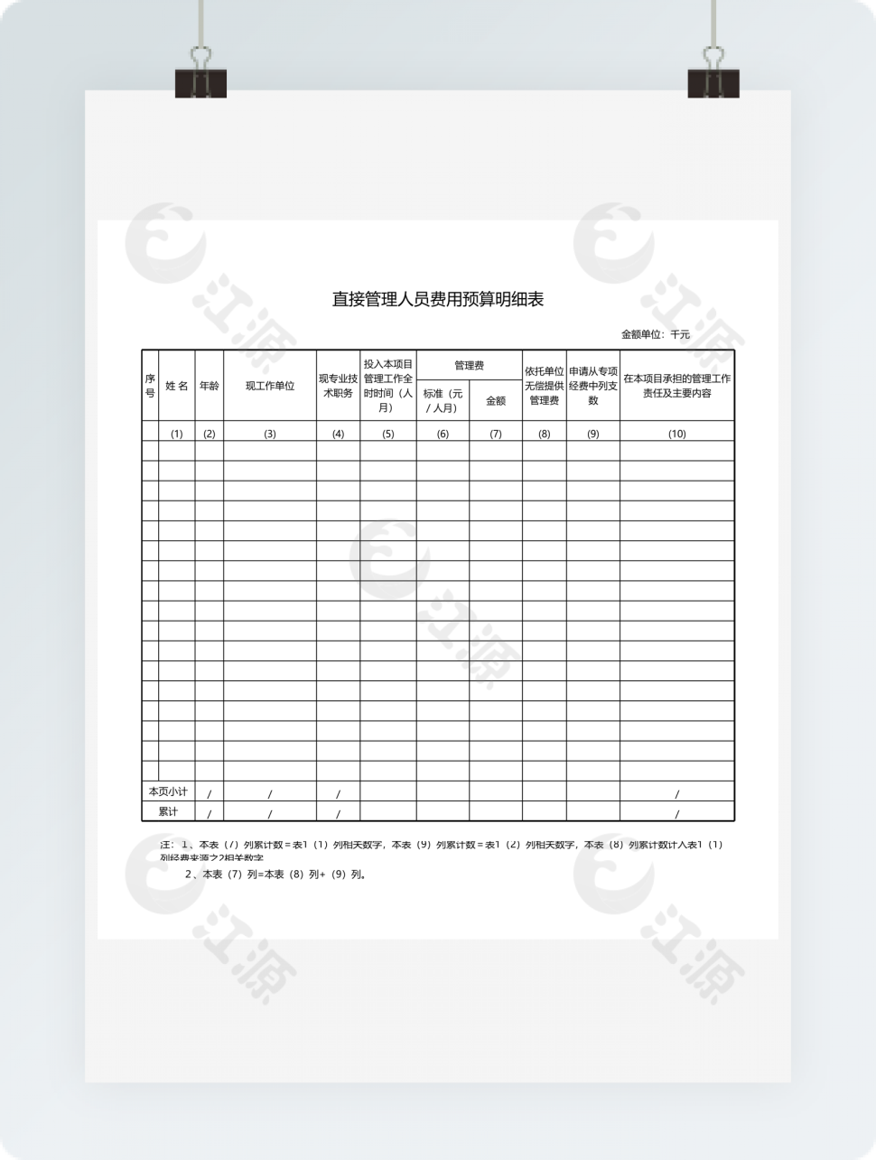 直接管理人员费用预算明细表