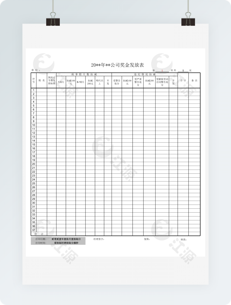 公司奖金发放表模板