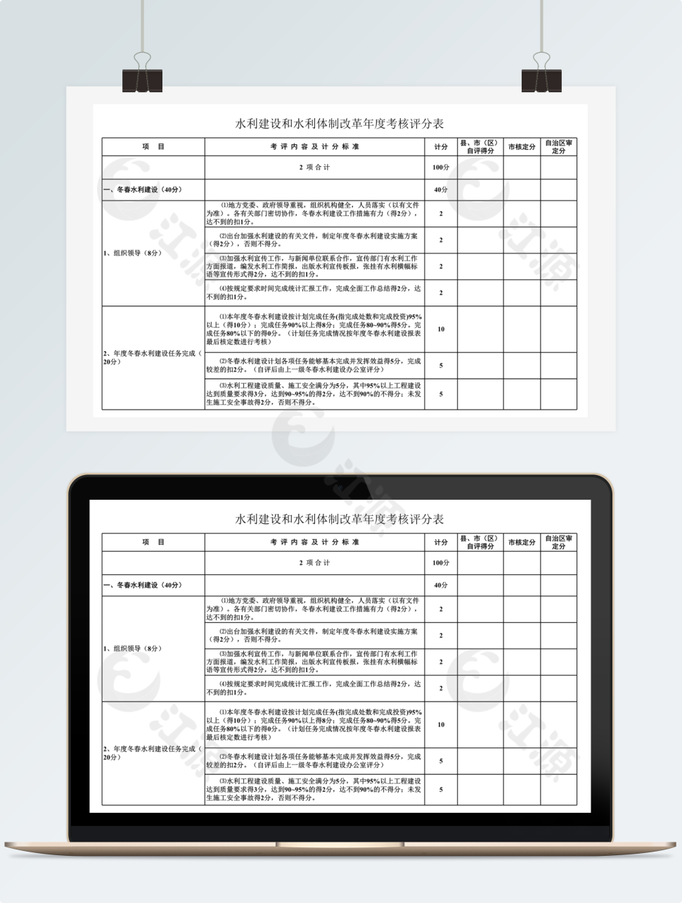 水利建设和体制改革年度考核评分表