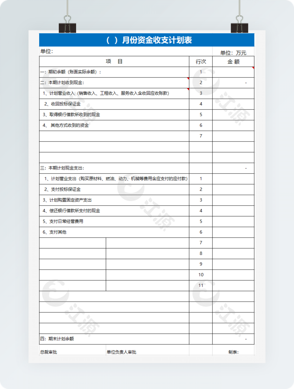 公司财务资金收支计划表