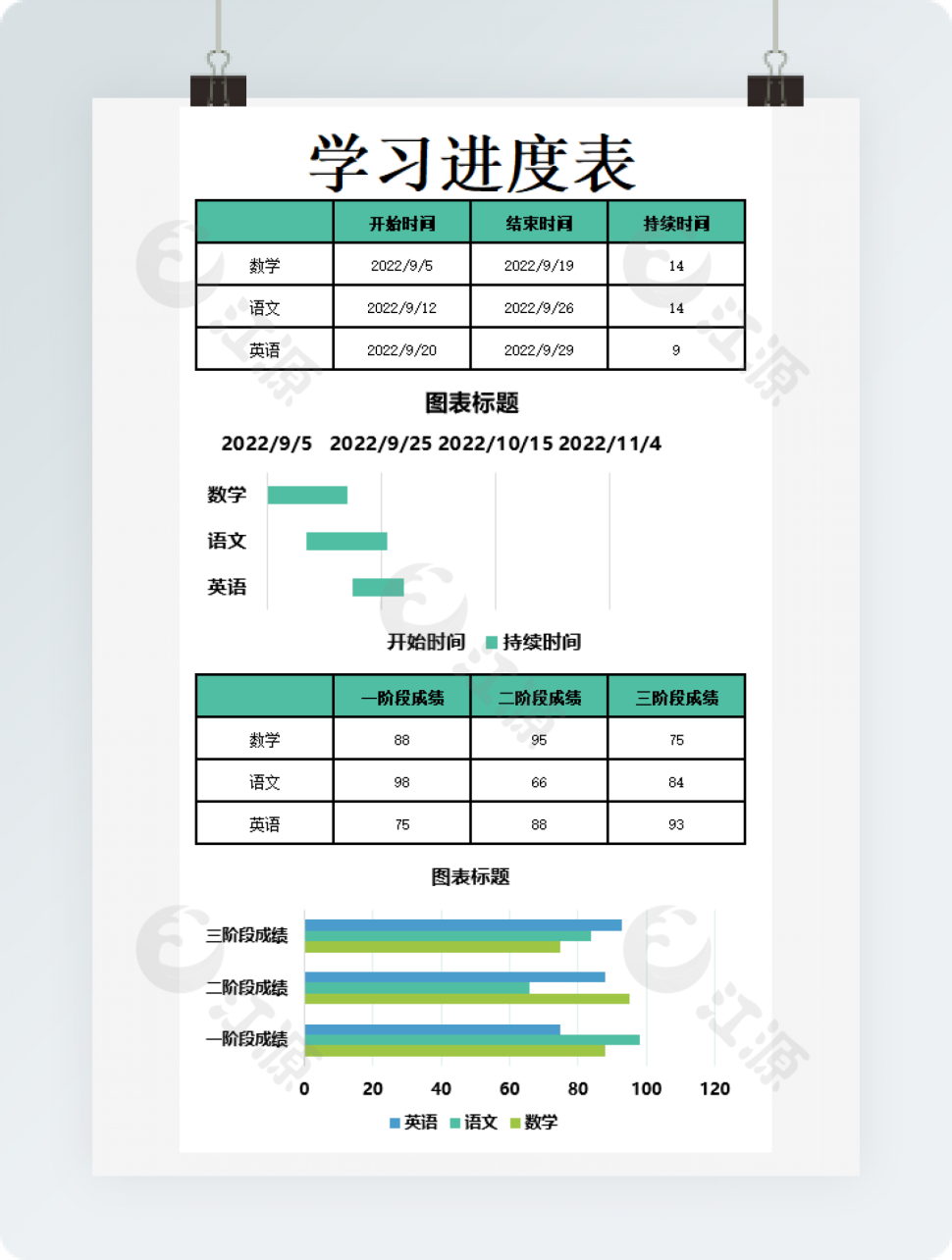 绿色学习进度表excel模板