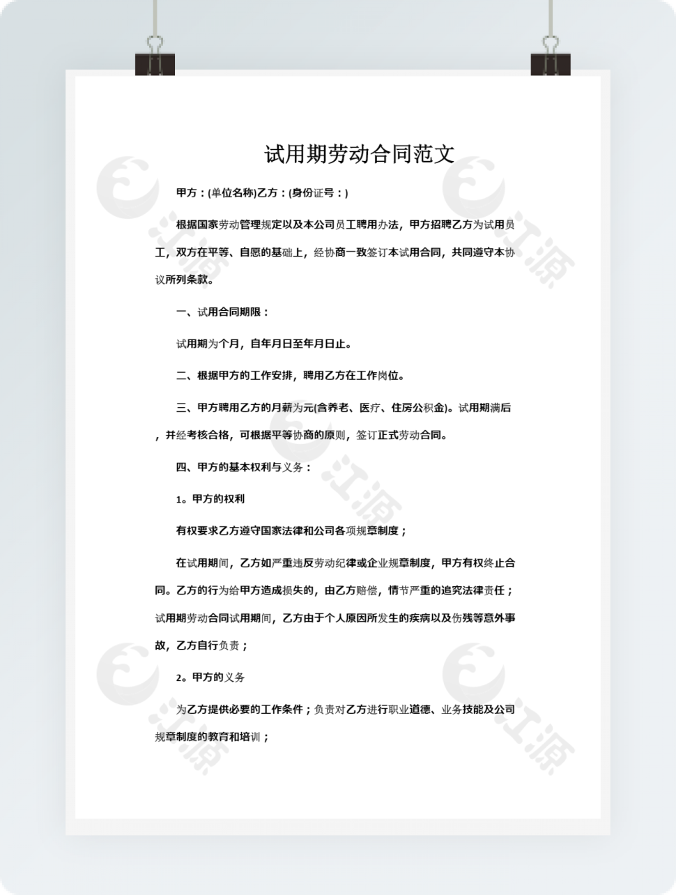 试用期劳动合同范文