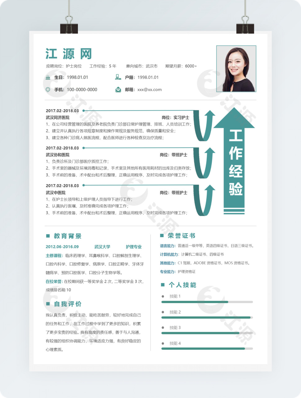 护士岗位绿色简约风格个人简历word模板
