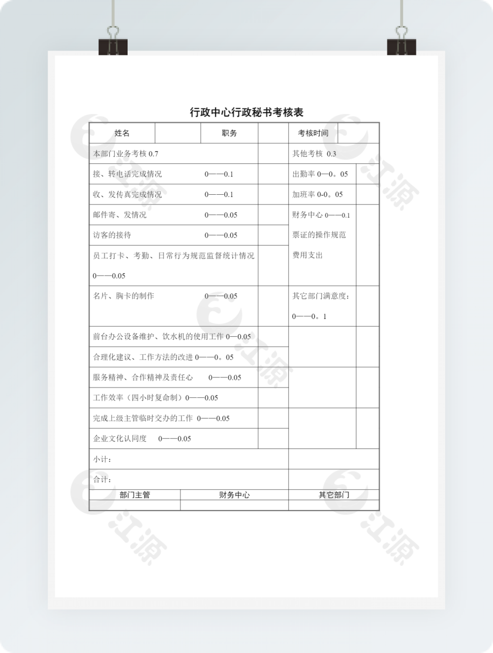 行政中心行政秘书考核表